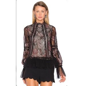 Alexis Lia Top Black Rose XS Floral Lace Ruffle Dark Feminine Whimsigoth Fairy